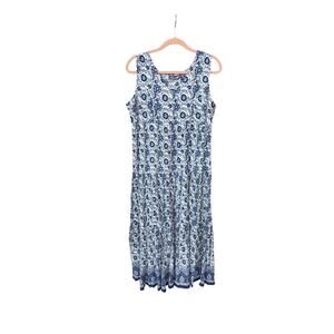 Vintage Y2K phool 100% cotton tiered boho blue white floral print dress medium